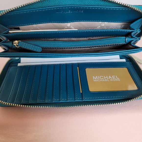 MICHAEL KORS Jet Set Travel Large Continental Pebbled Leather Wallet-Lagoon⭐ - Picture 14 of 16